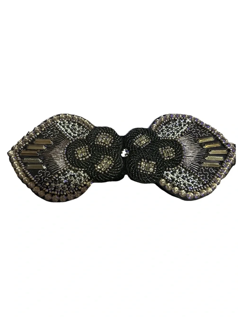 LOFT Wide Elastic Waist Belt Black Beige Striped Sequin Bling Buckle M/L